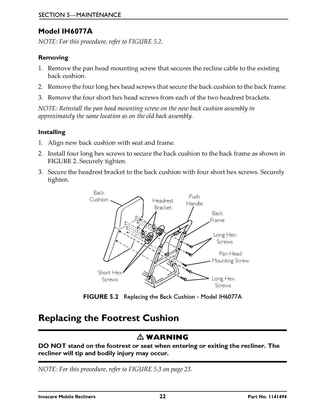 Invacare IH6065 series manual Replacing the Footrest Cushion, Replacing the Back Cushion Model IH6077A 