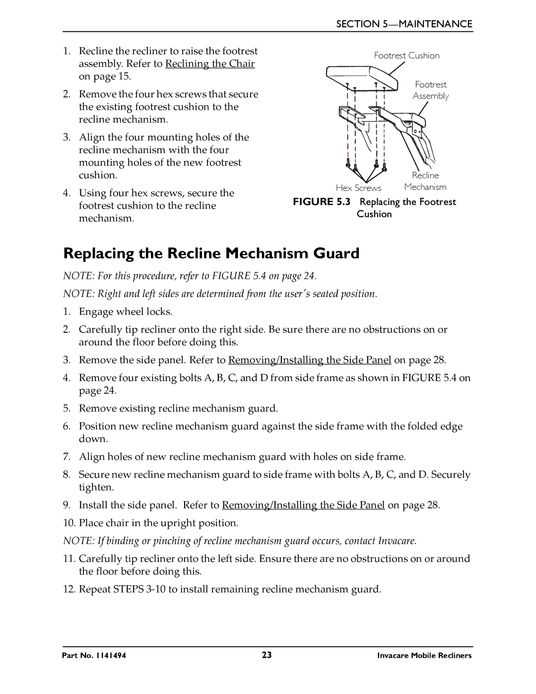 Invacare IH6065 series manual Replacing the Recline Mechanism Guard, Replacing the Footrest Cushion 