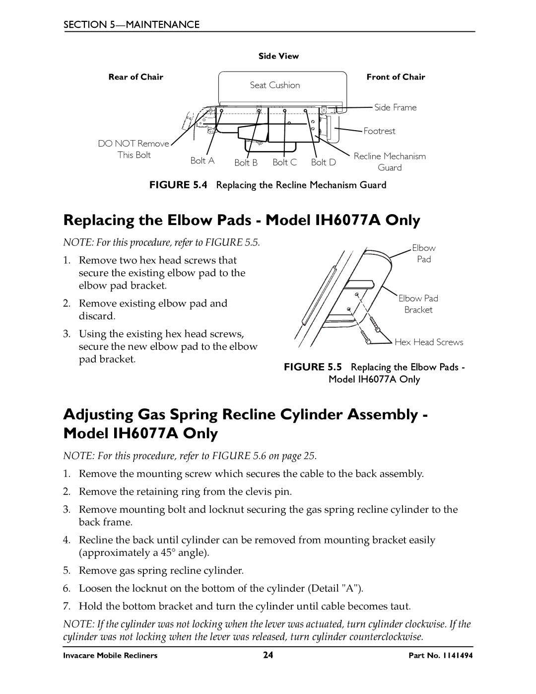 Invacare IH6065 series manual Replacing the Elbow Pads Model IH6077A Only, Replacing the Recline Mechanism Guard 