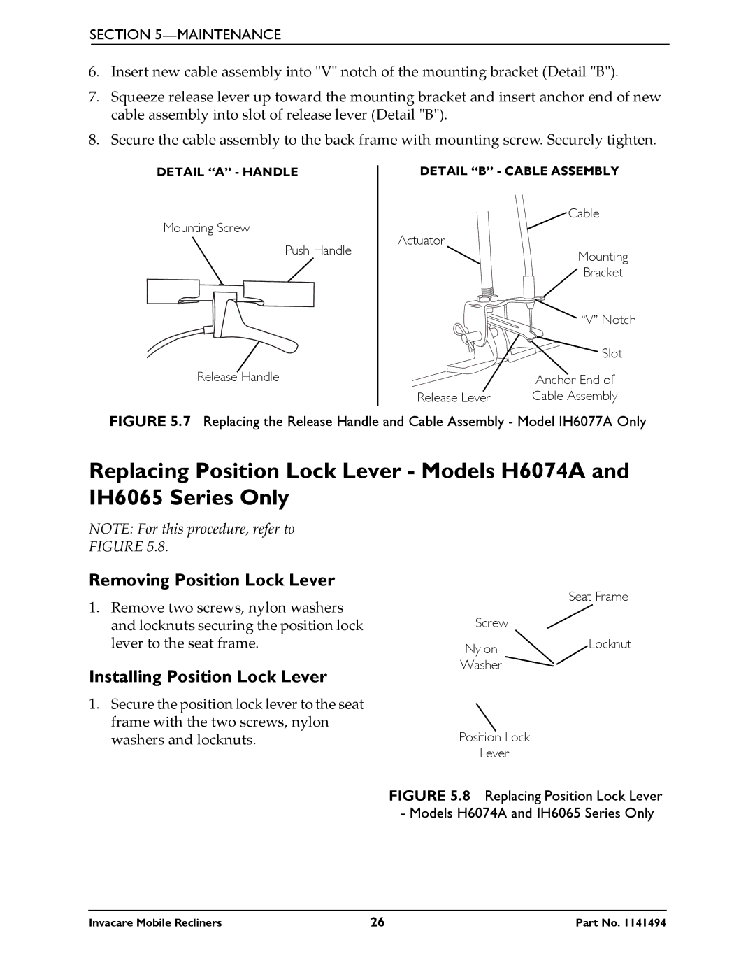 Invacare IH6065 series manual Removing Position Lock Lever, Installing Position Lock Lever 