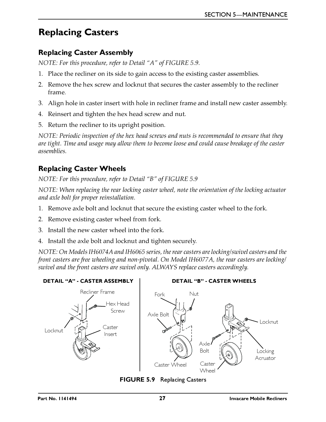 Invacare IH6065 series manual Replacing Casters, Replacing Caster Assembly, Replacing Caster Wheels 