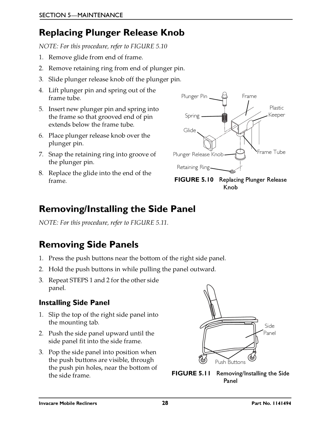 Invacare IH6065 series manual Replacing Plunger Release Knob, Removing/Installing the Side Panel Removing Side Panels 