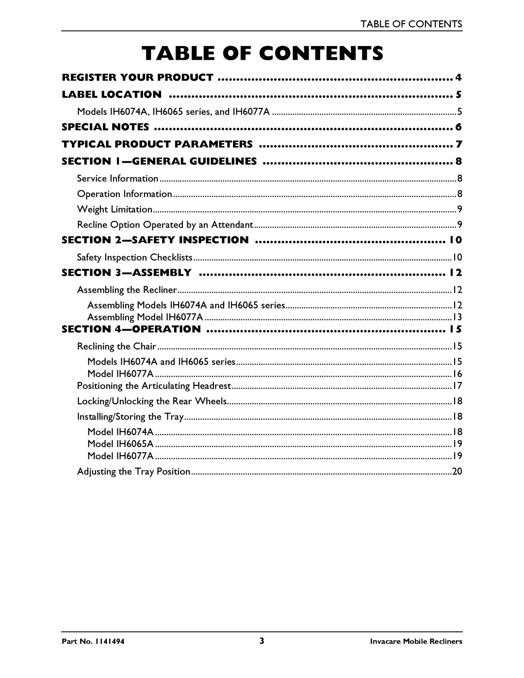 Invacare IH6065 series manual Table of Contents 