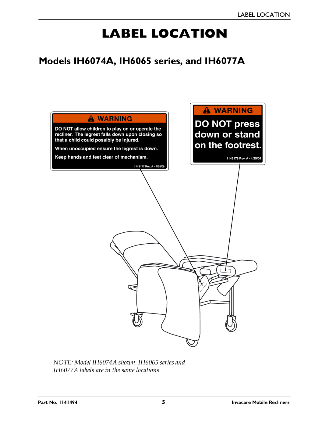 Invacare manual Label Location, Models IH6074A, IH6065 series, and IH6077A 