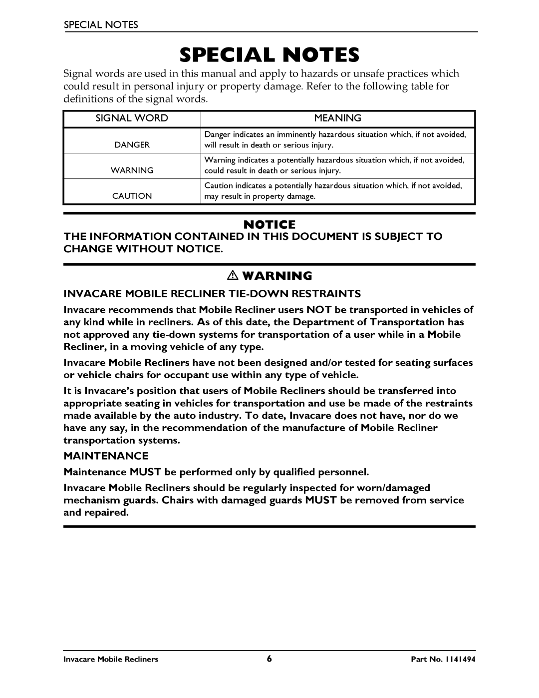 Invacare IH6065 series manual Special Notes, Meaning 