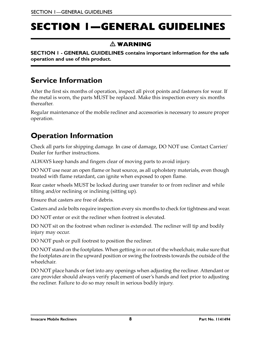 Invacare IH6065 series manual General Guidelines, Service Information, Operation Information 