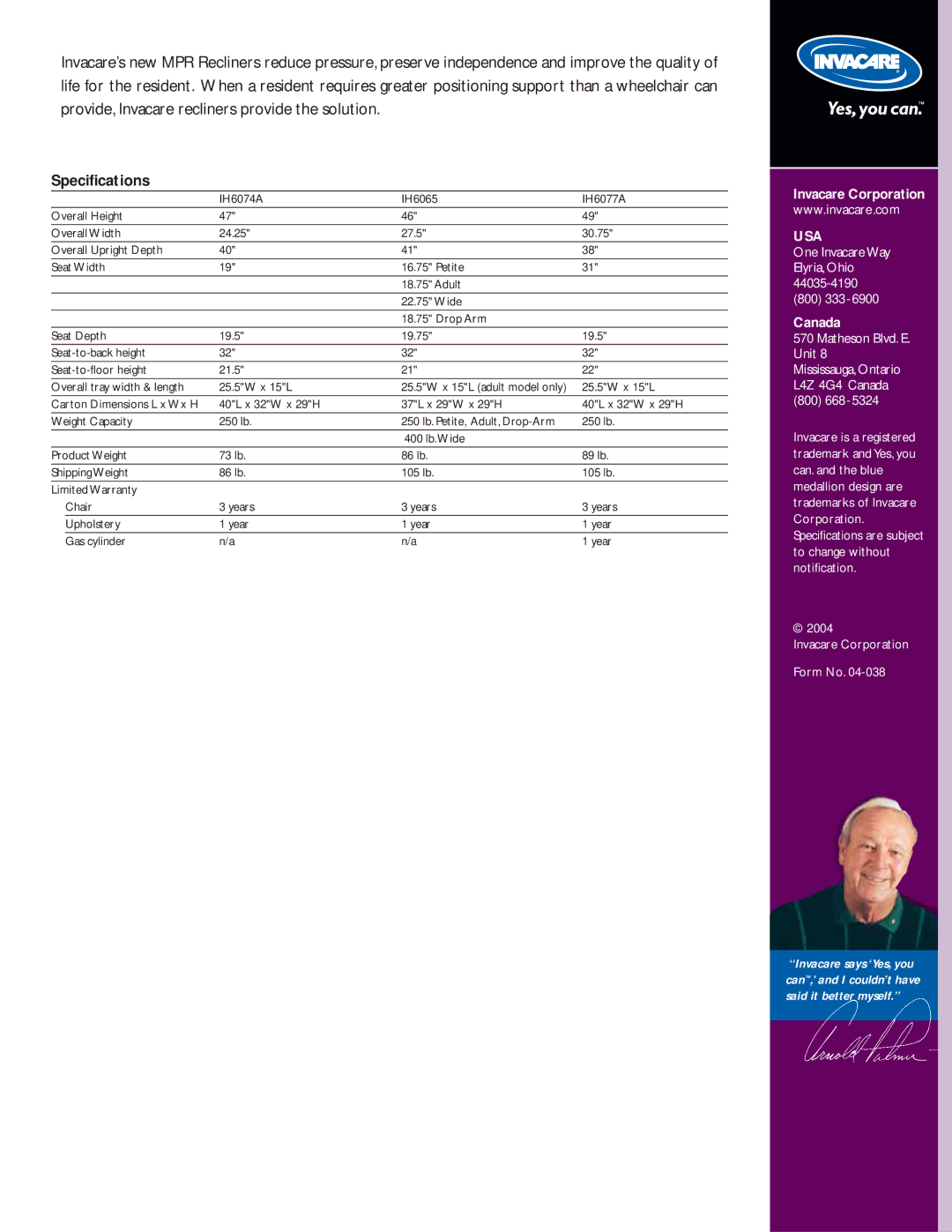 Invacare IH6065, IH6074A, IH6077A specifications Specifications, Usa 