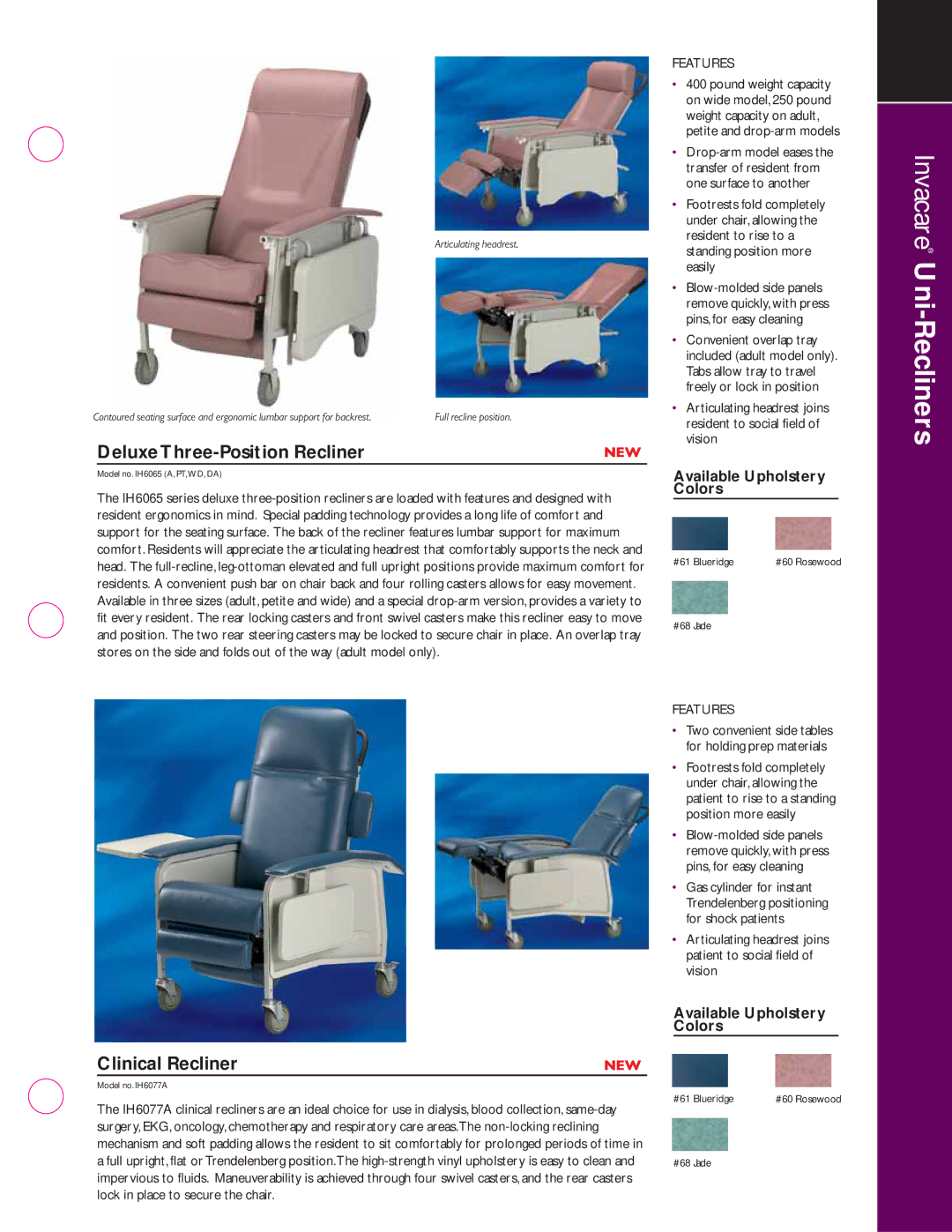 Invacare IH6065, IH6074A, IH6077A specifications Clinical Recliner, Available Upholstery Colors 