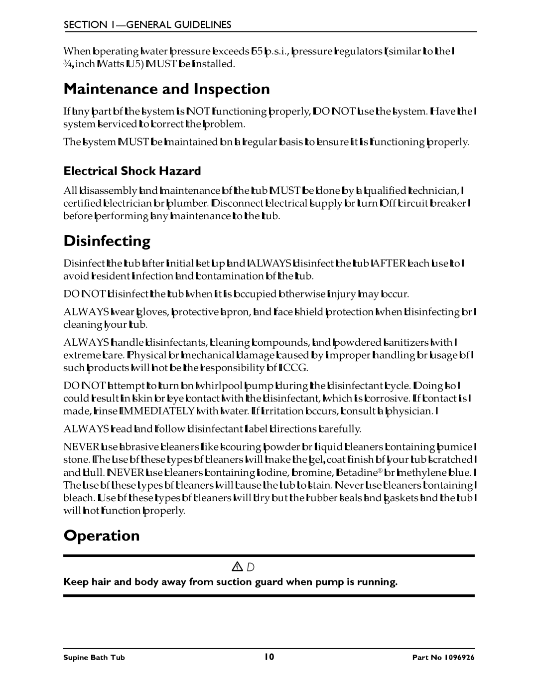 Invacare IH6300ADH manual Maintenance and Inspection, Disinfecting, Operation, Electrical Shock Hazard 