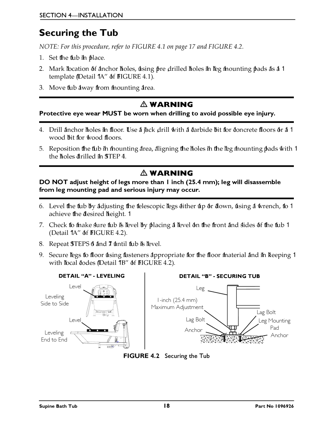 Invacare IH6300ADH manual Securing the Tub 