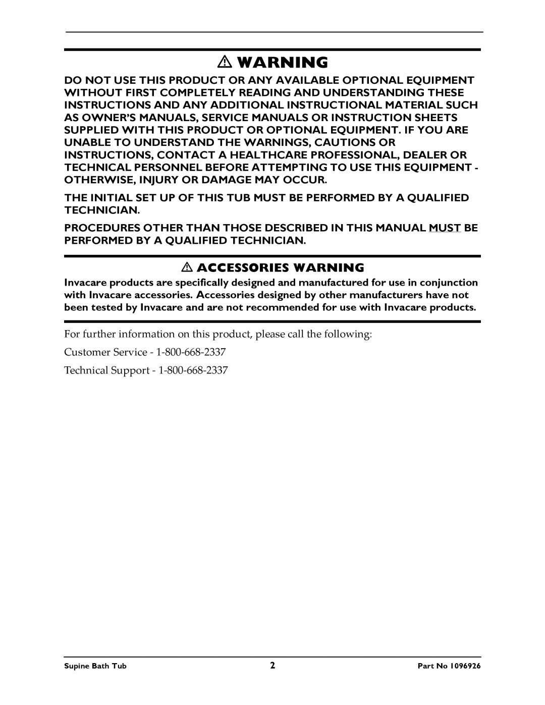 Invacare IH6300ADH manual Accessories Warning 