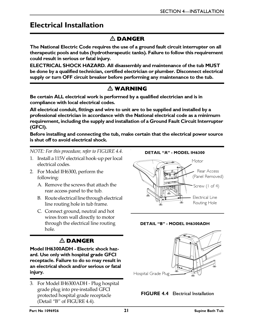 Invacare IH6300ADH manual Electrical Installation 