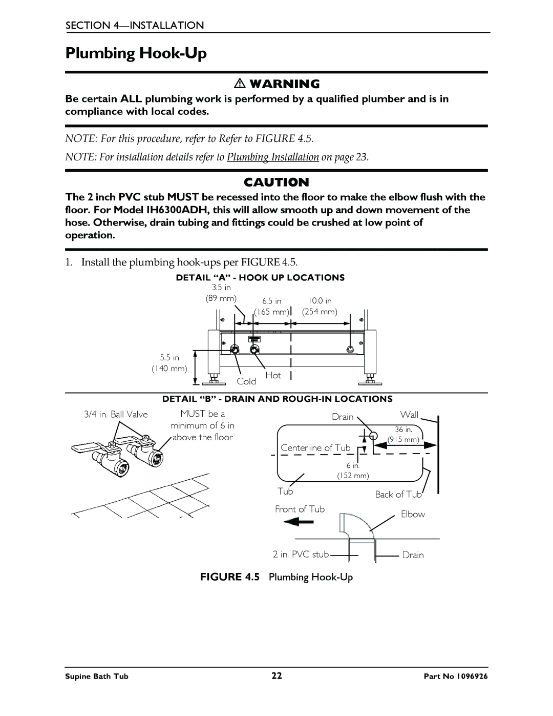 Invacare IH6300ADH manual Plumbing Hook-Up, Install the plumbing hook‐ups per Figure 