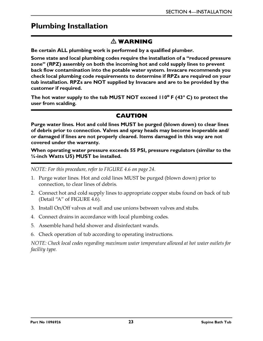 Invacare IH6300ADH manual Plumbing Installation 