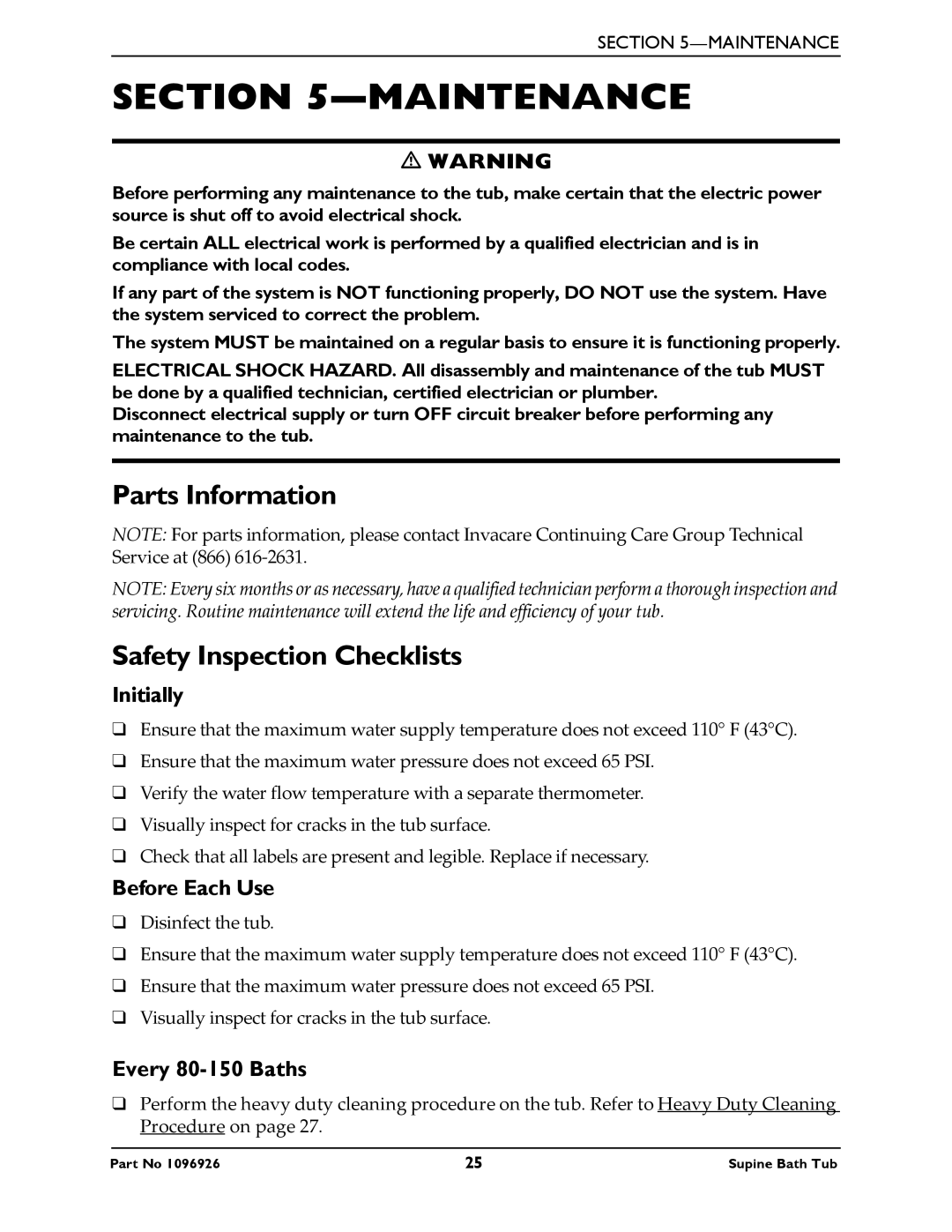 Invacare IH6300ADH manual Maintenance, Parts Information Safety Inspection Checklists, Initially, Before Each Use 