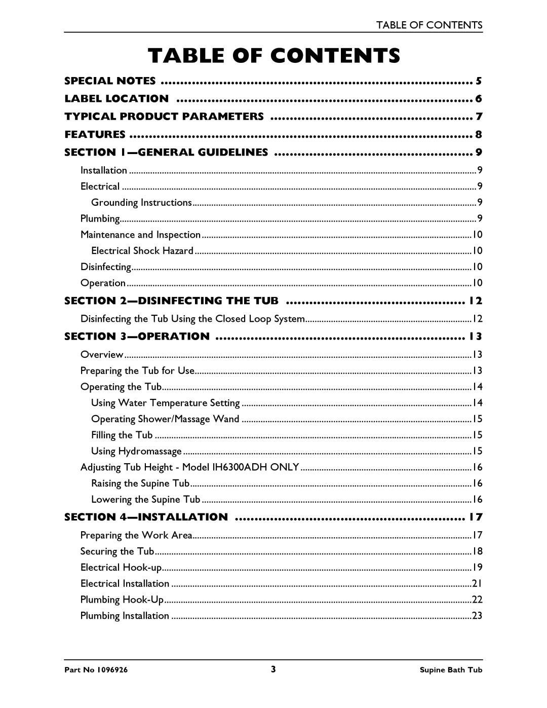 Invacare IH6300ADH manual Table of Contents 