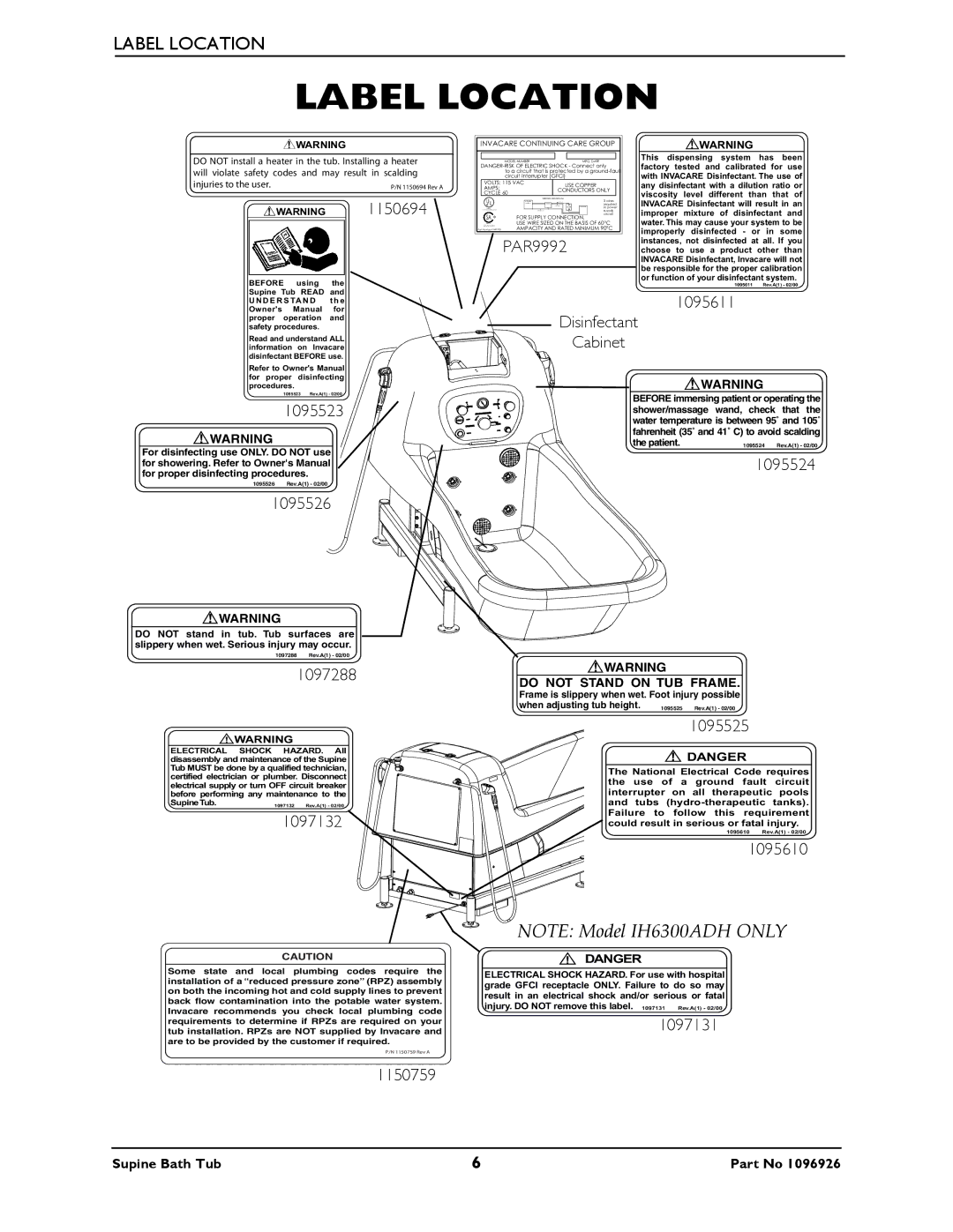 Invacare IH6300ADH manual Label Location, PAR9992 