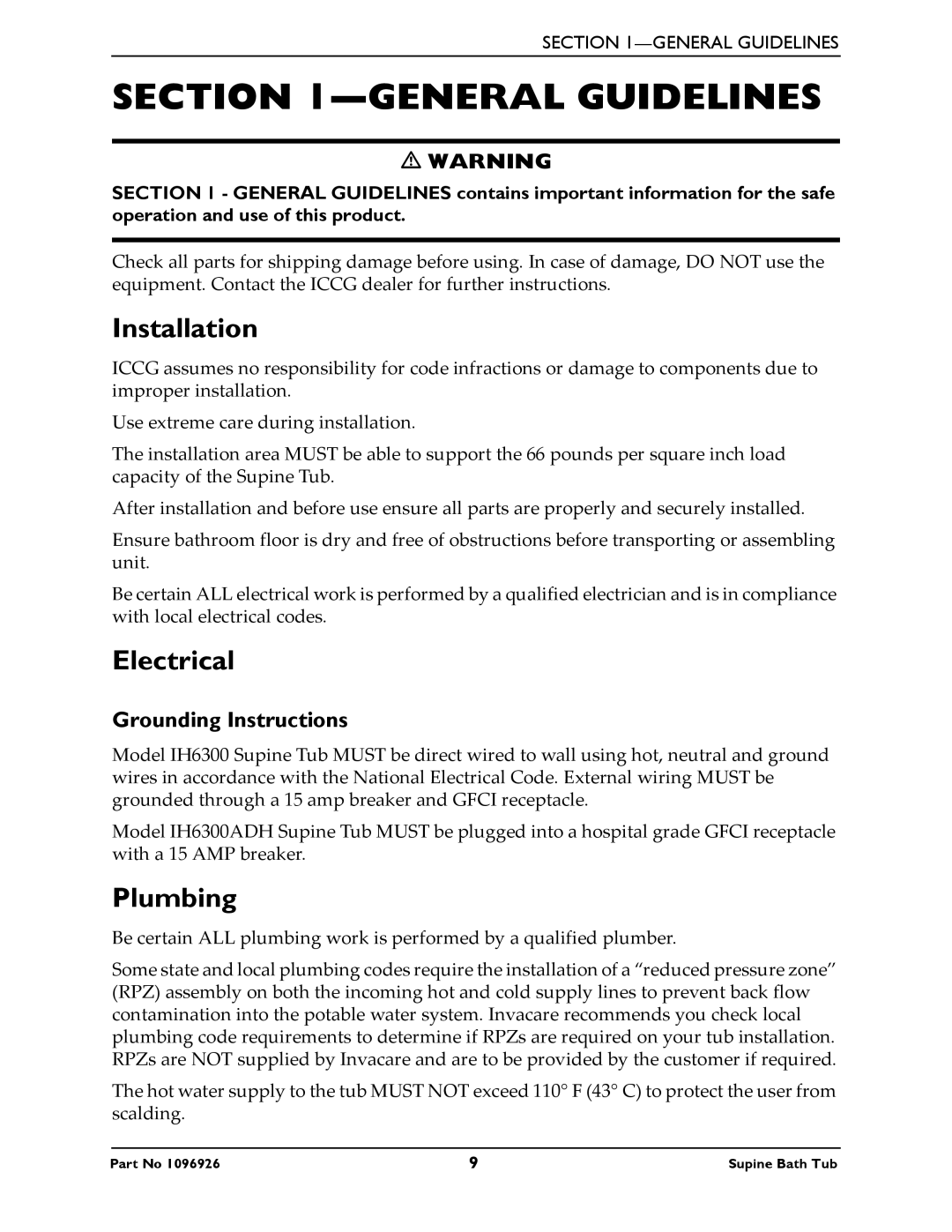 Invacare IH6300ADH manual General Guidelines, Installation, Electrical, Plumbing, Grounding Instructions 