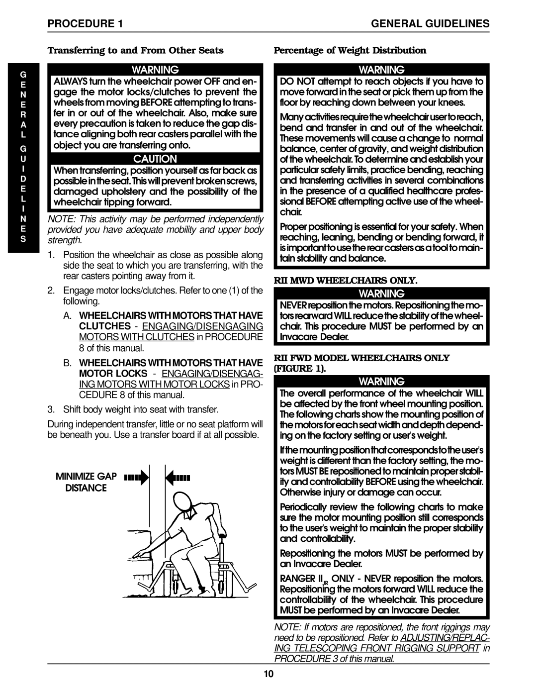 Invacare IISTANDARD, IIJR manual Shift body weight into seat with transfer, Minimize GAP Distance, RII MWD Wheelchairs only 