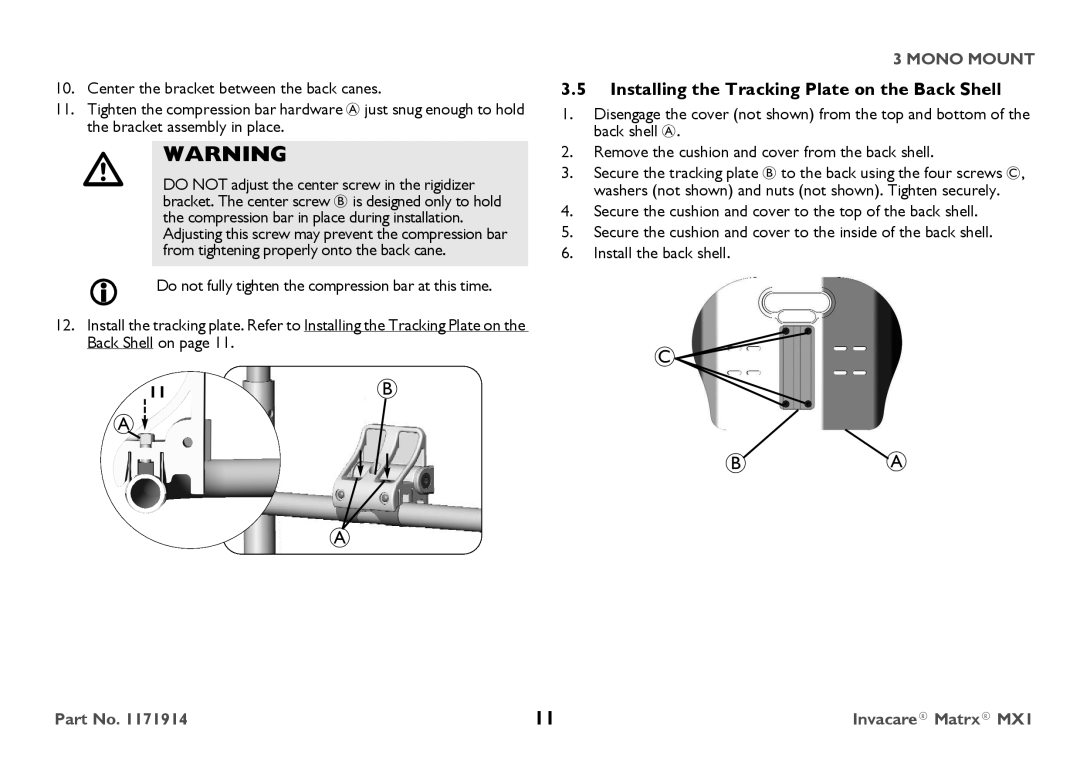 Invacare IMX1 user manual Installing the Tracking Plate on the Back Shell 