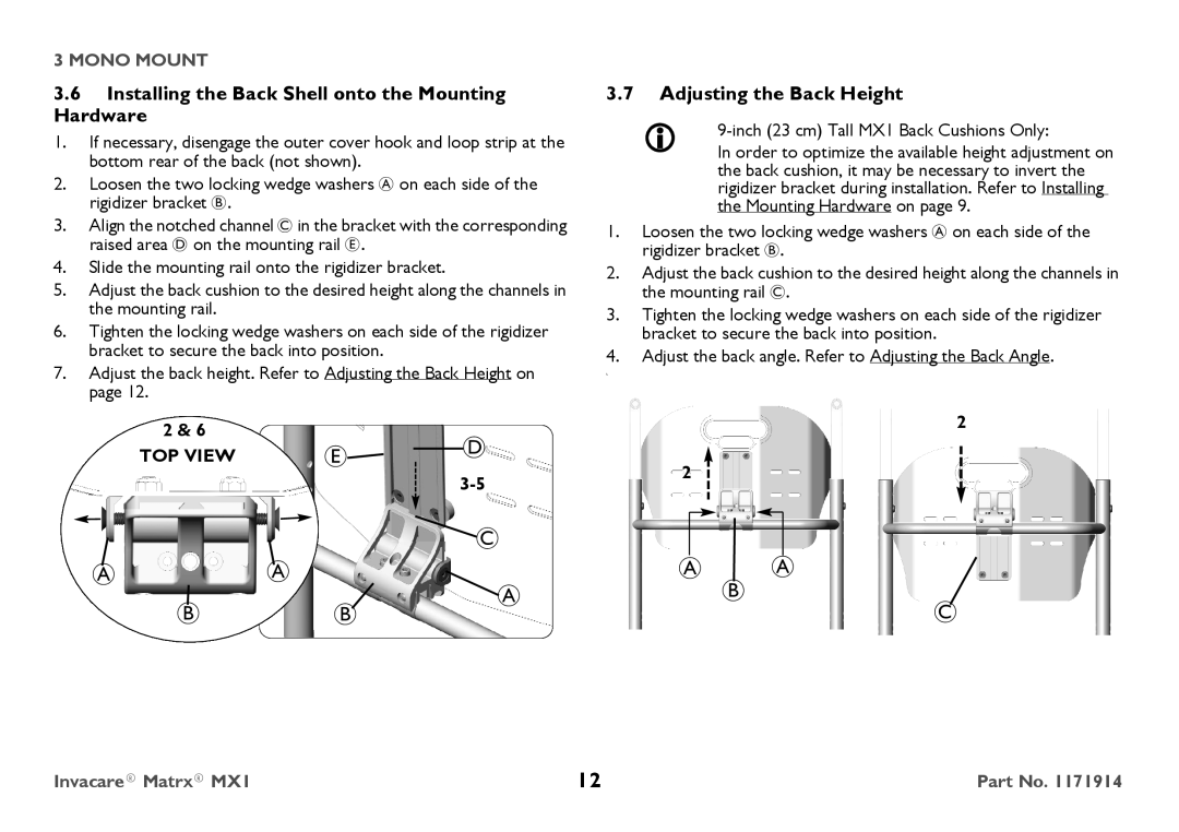 Invacare IMX1 user manual Installing the Back Shell onto the Mounting Hardware, Adjusting the Back Height 