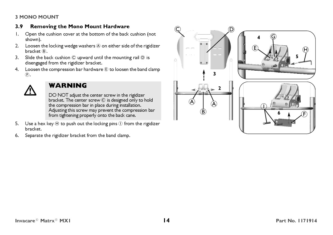 Invacare IMX1 user manual Removing the Mono Mount Hardware 