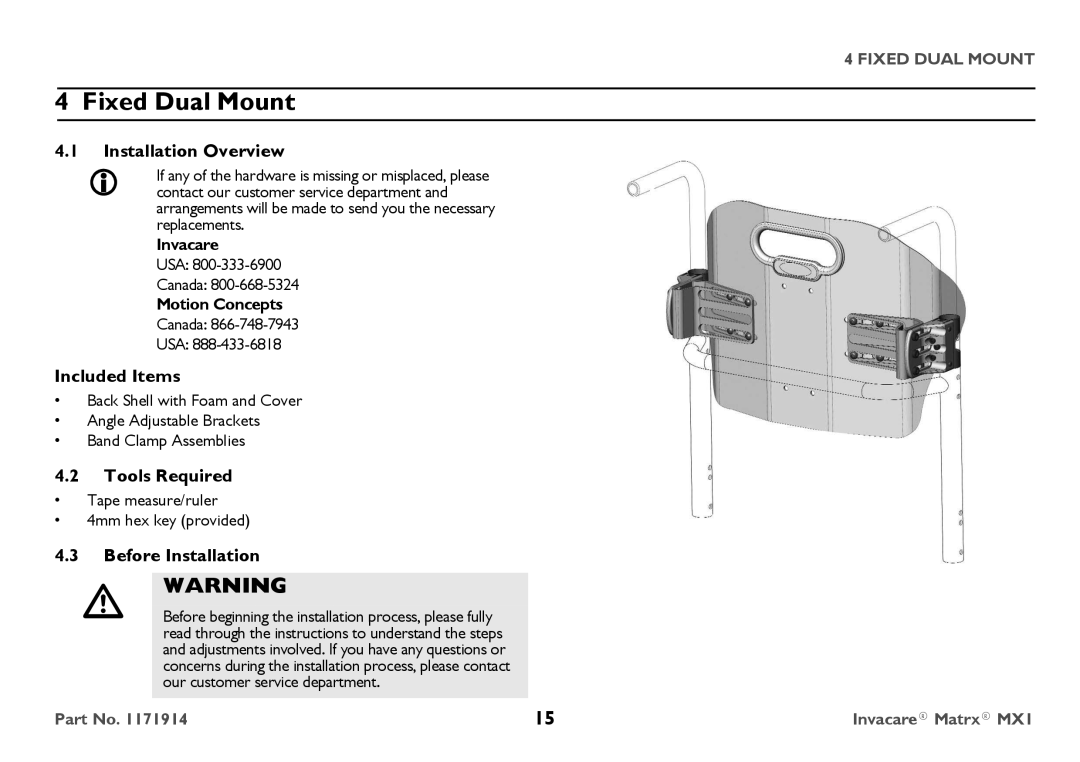 Invacare IMX1 user manual Fixed Dual Mount, Our customer service department 