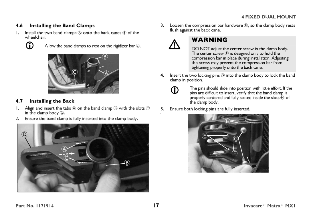 Invacare IMX1 user manual Installing the Band Clamps, Installing the Back 