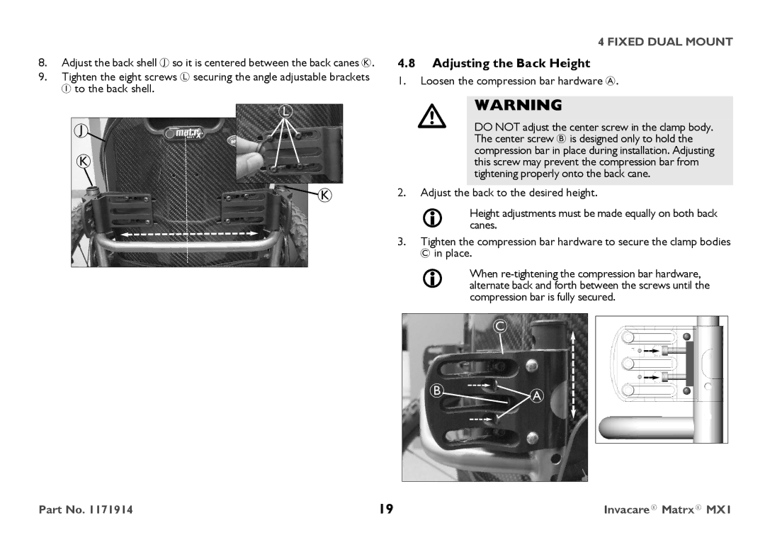 Invacare IMX1 user manual Loosen the compression bar hardware a, Adjust the back to the desired height 