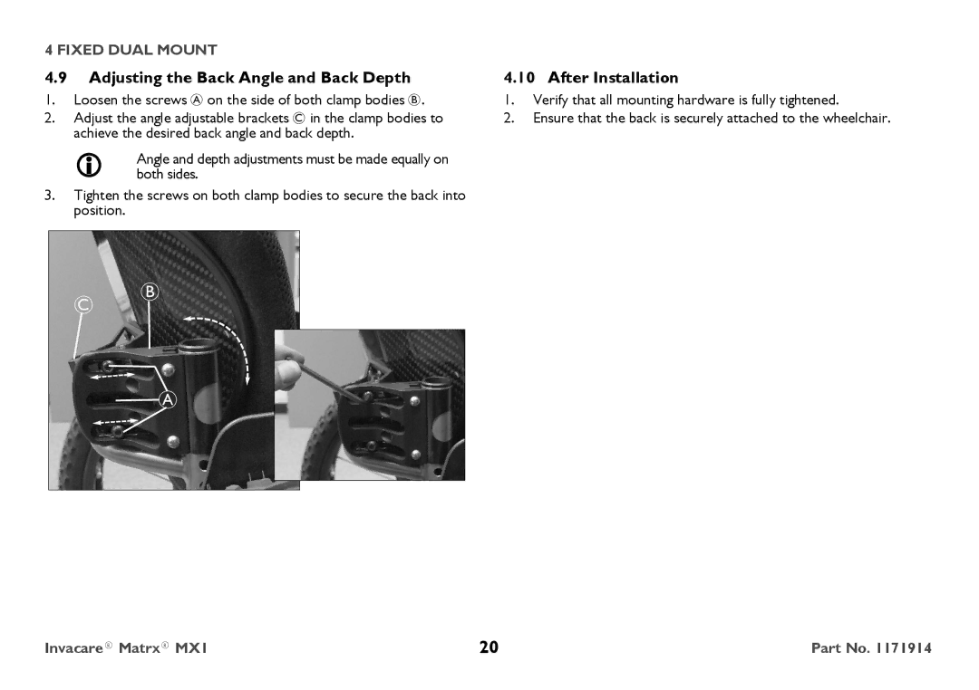 Invacare IMX1 user manual Adjusting the Back Angle and Back Depth, After Installation 