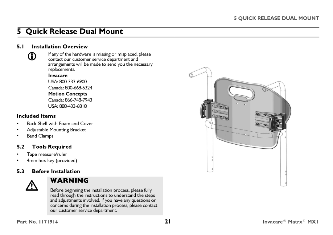 Invacare IMX1 user manual Quick Release Dual Mount, Installation Overview 