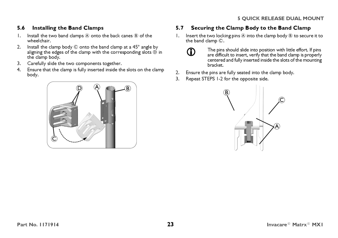 Invacare IMX1 user manual Installing the Band Clamps, Securing the Clamp Body to the Band Clamp 