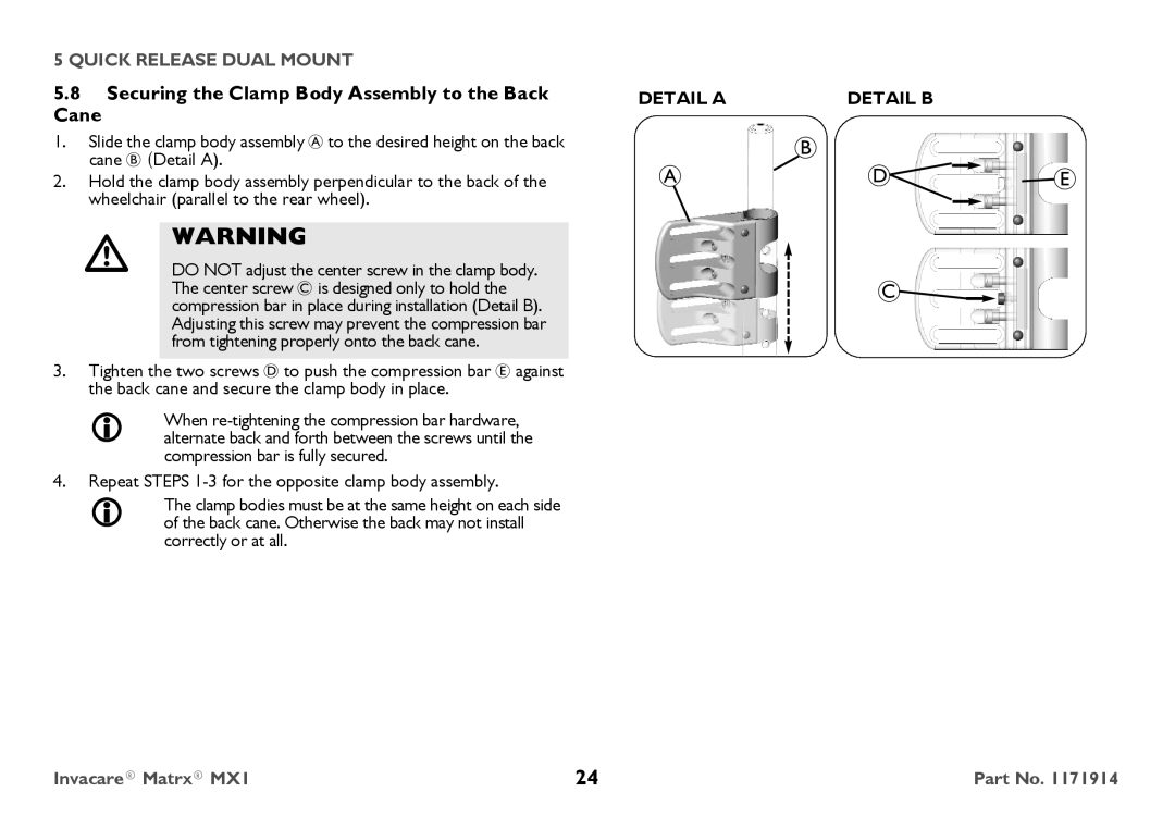 Invacare IMX1 user manual Securing the Clamp Body Assembly to the Back Cane 