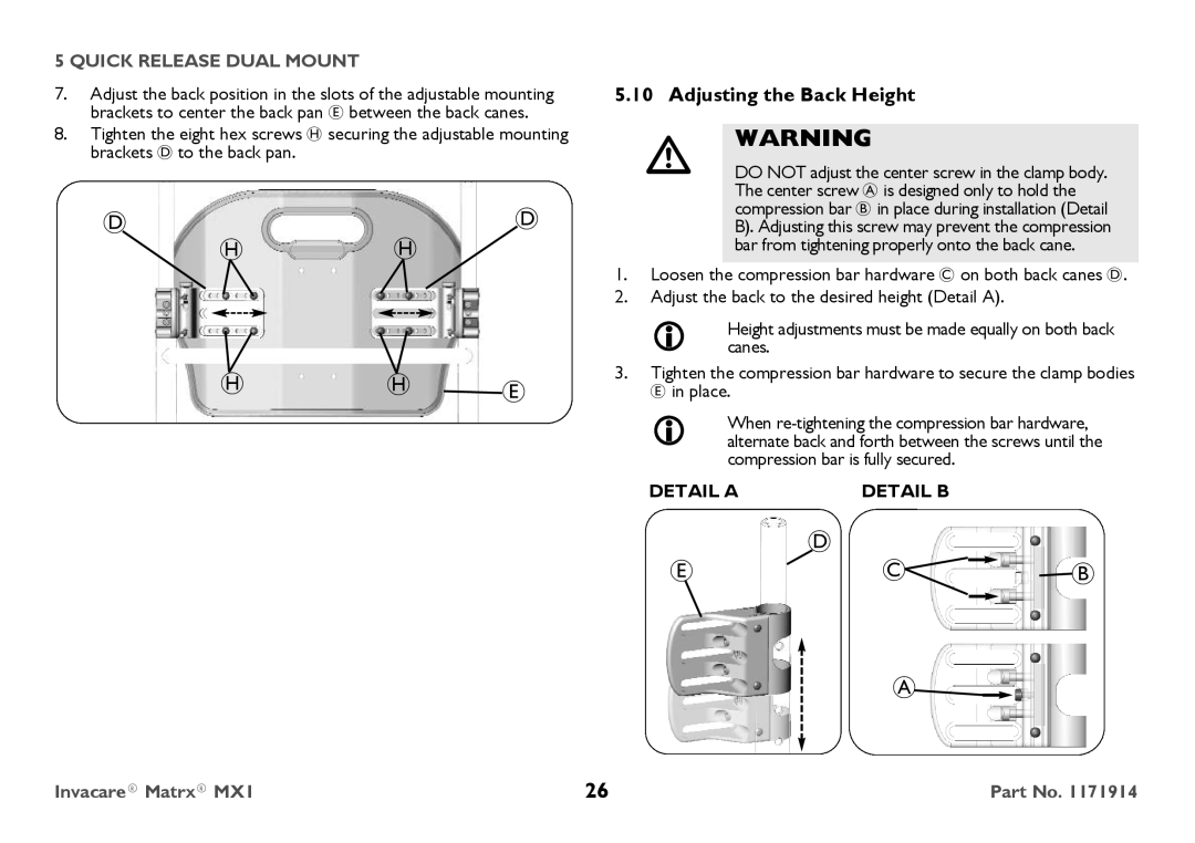 Invacare IMX1 user manual Adjusting the Back Height 