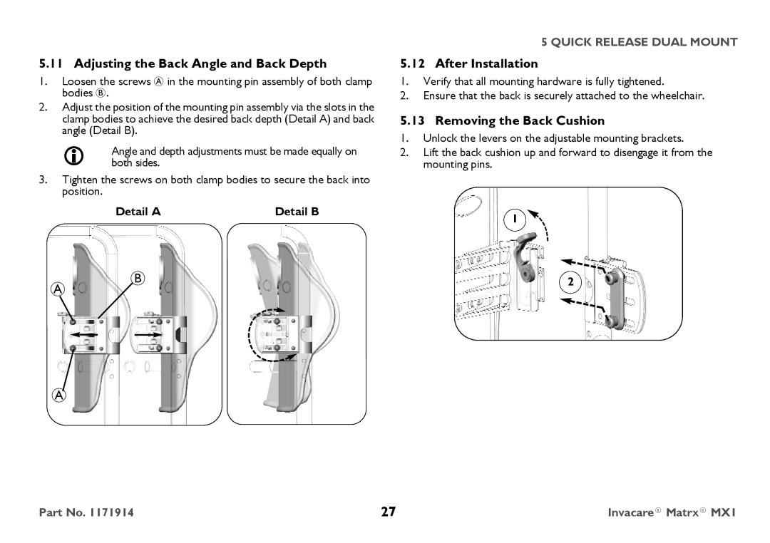 Invacare IMX1 user manual Adjusting the Back Angle and Back Depth, Removing the Back Cushion 