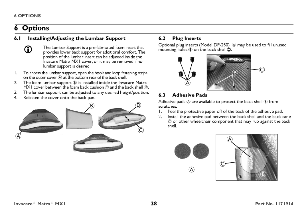 Invacare IMX1 user manual Options, Installing/Adjusting the Lumbar Support Plug Inserts, Adhesive Pads, Shell 