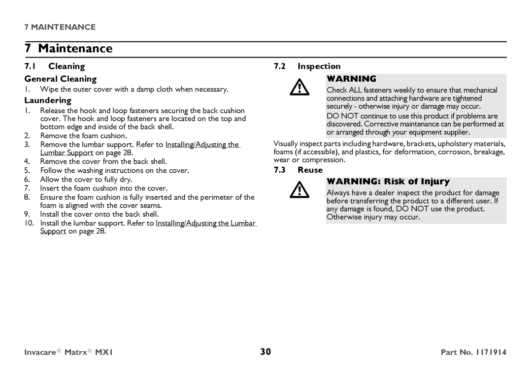 Invacare IMX1 user manual Maintenance, Cleaning General Cleaning, Laundering, Inspection, Reuse 