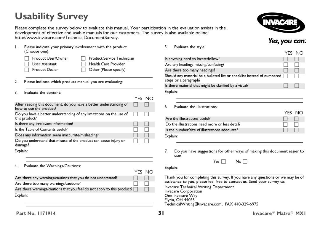 Invacare IMX1 user manual Usability Survey 