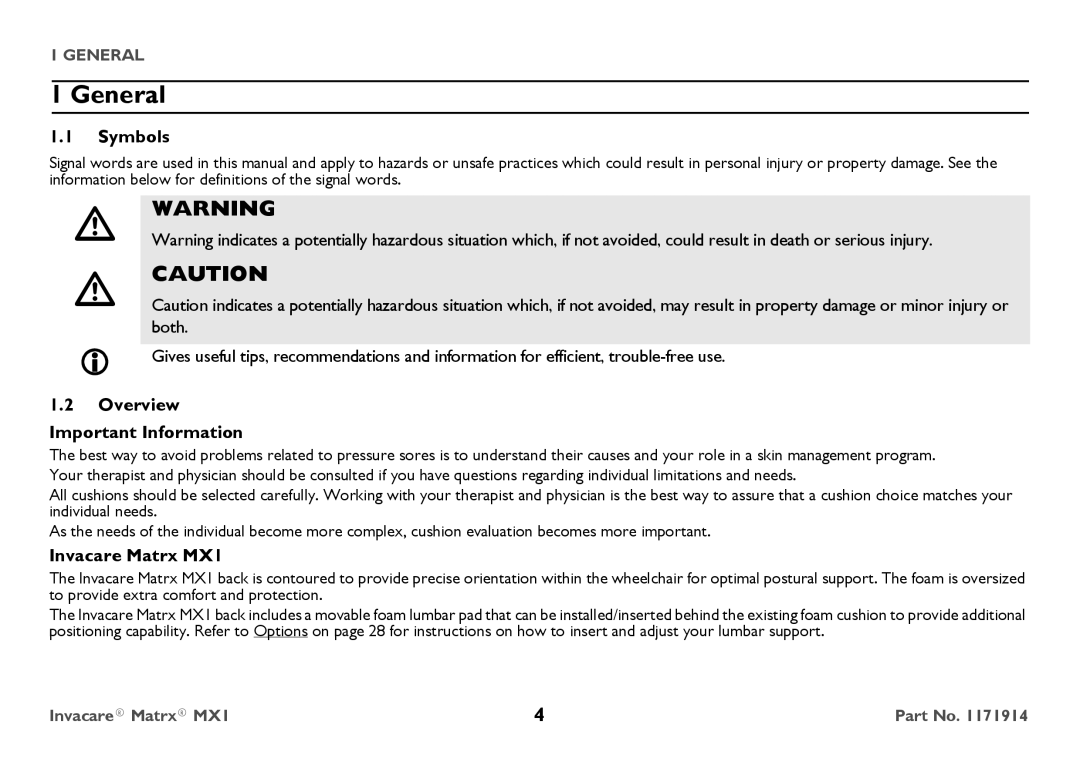 Invacare IMX1 user manual General, Symbols, Overview Important Information, Invacare Matrx MX1 