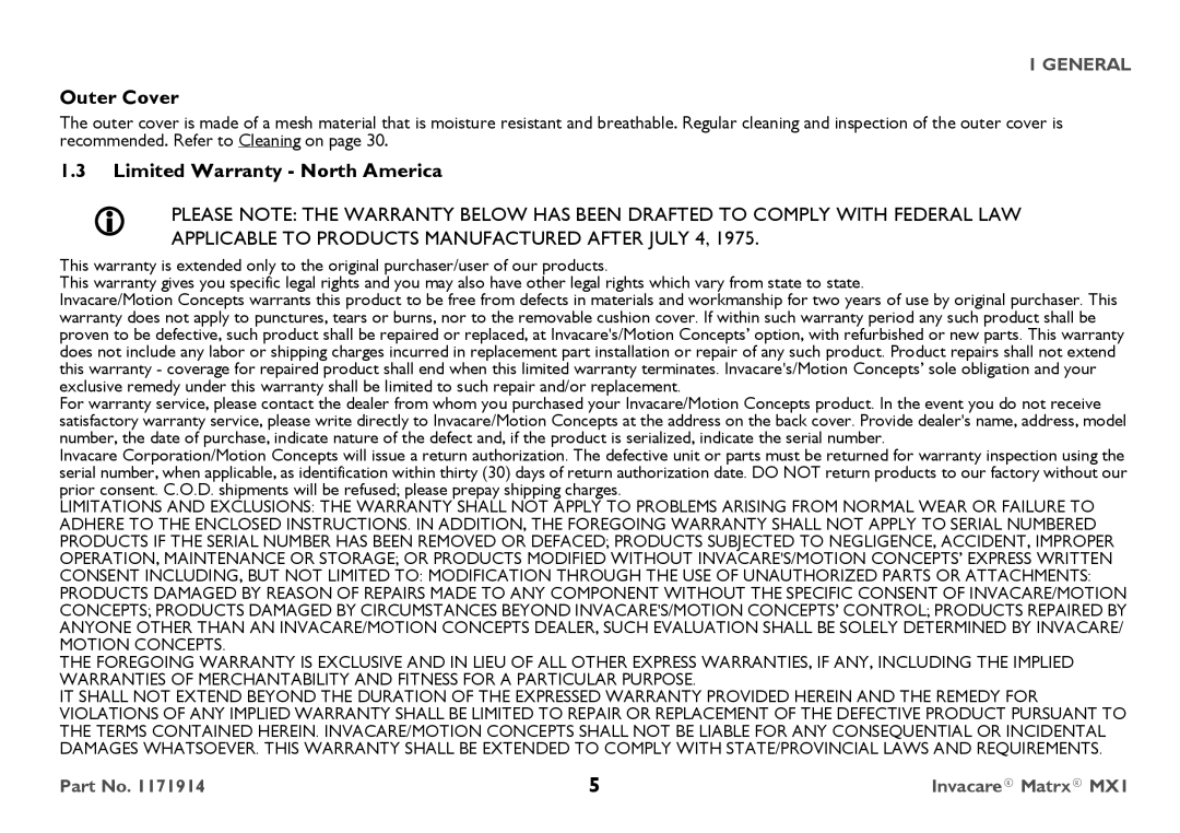 Invacare IMX1 user manual Outer Cover, Limited Warranty North America 