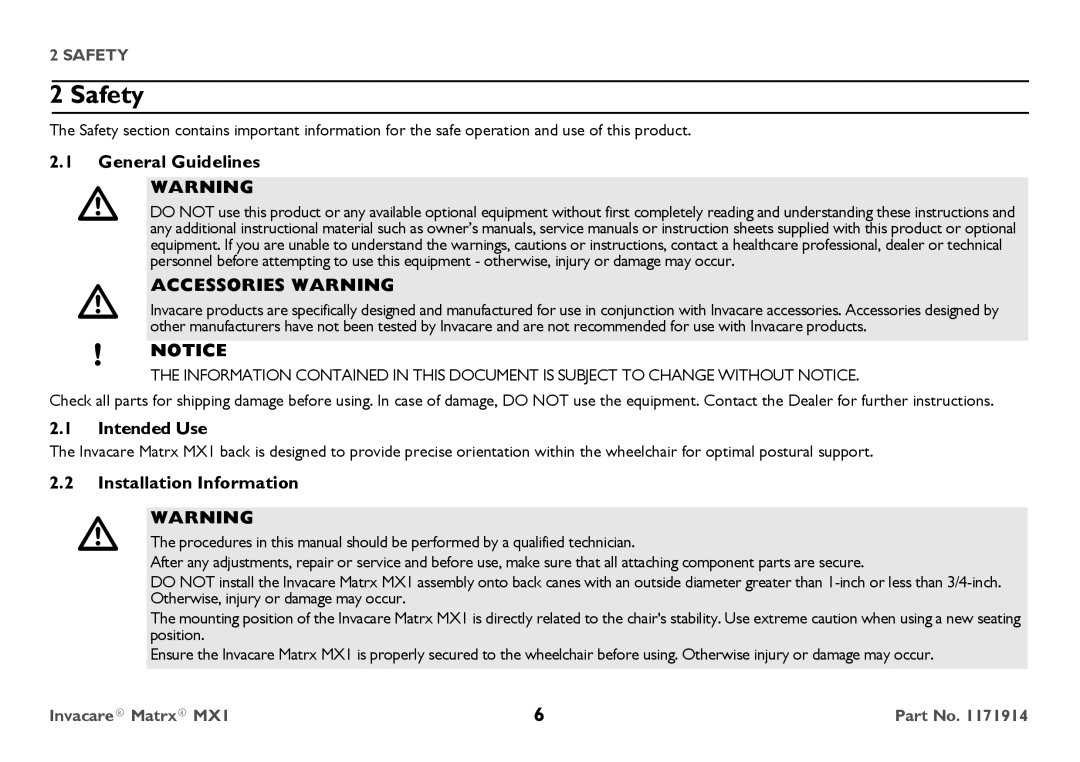 Invacare IMX1 user manual Safety, General Guidelines, Intended Use, Installation Information 