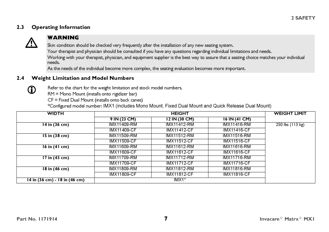 Invacare IMX1 user manual Operating Information, Weight Limitation and Model NumbersWARNING 