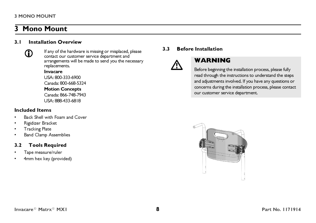 Invacare IMX1 user manual Mono Mount, Installation Overview, Included Items, Tools Required, Before Installation 