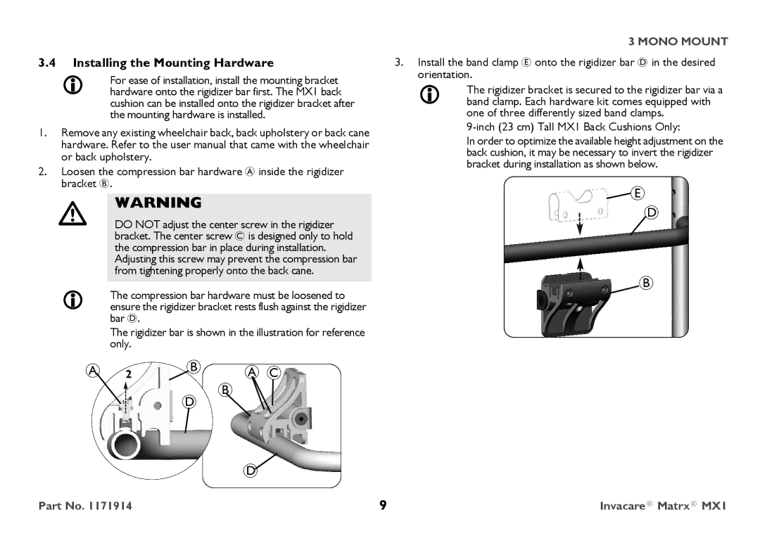 Invacare IMX1 user manual Installing the Mounting Hardware, Inch 23 cm Tall MX1 Back Cushions Only 