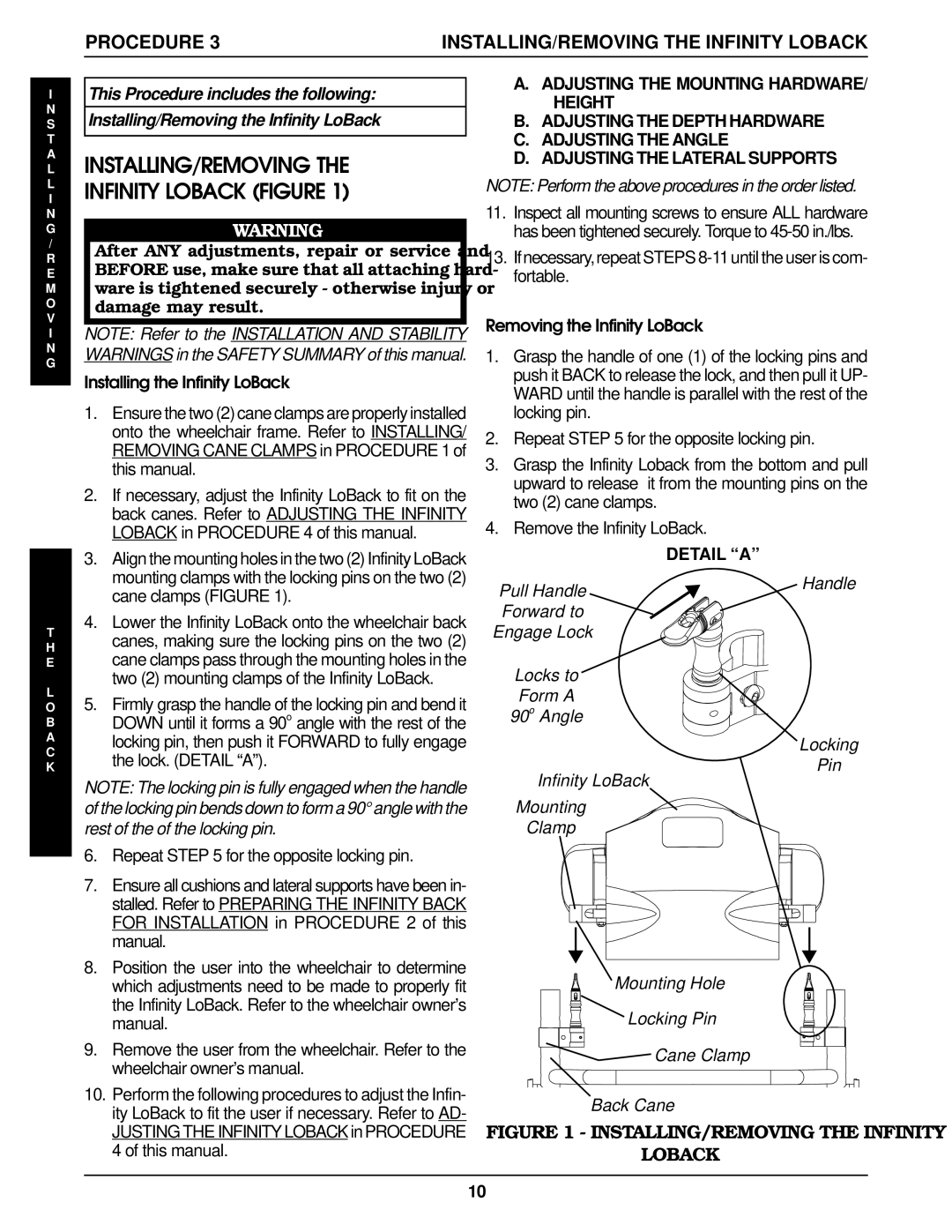 Invacare Infinity LoBack Support manual INSTALLING/REMOVING the Infinity Loback Figure, Installing the Infinity LoBack 