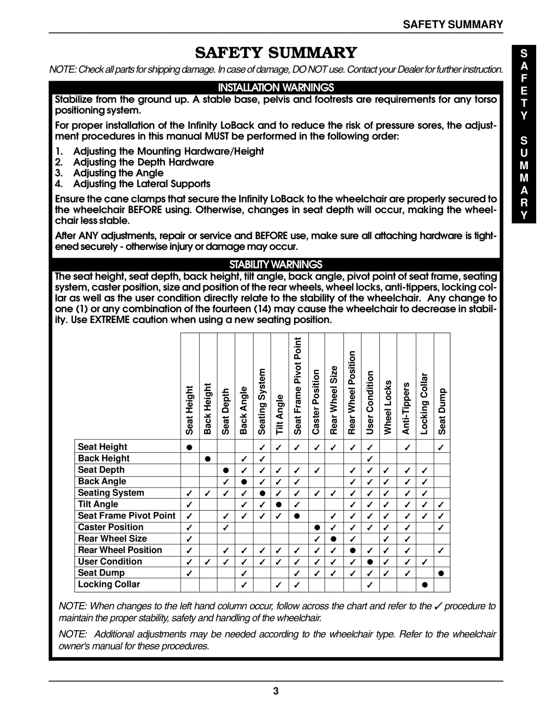 Invacare Infinity LoBack Support manual Safety Summary 