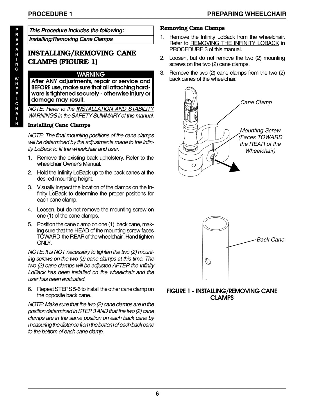 Invacare Infinity LoBack Support manual Preparing Wheelchair, Removing Cane Clamps 