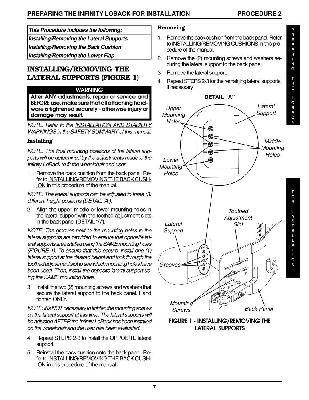 Invacare Infinity LoBack Support manual INSTALLING/REMOVING the Lateral Supports Figure, Installing, Removing 