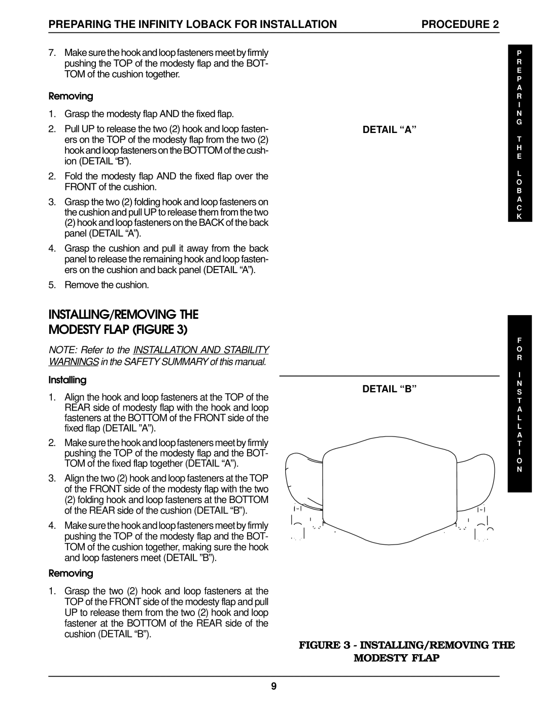 Invacare Infinity LoBack Support manual INSTALLING/REMOVING the Modesty Flap Figure, INSTALLING/REMOVING Modesty Flap 