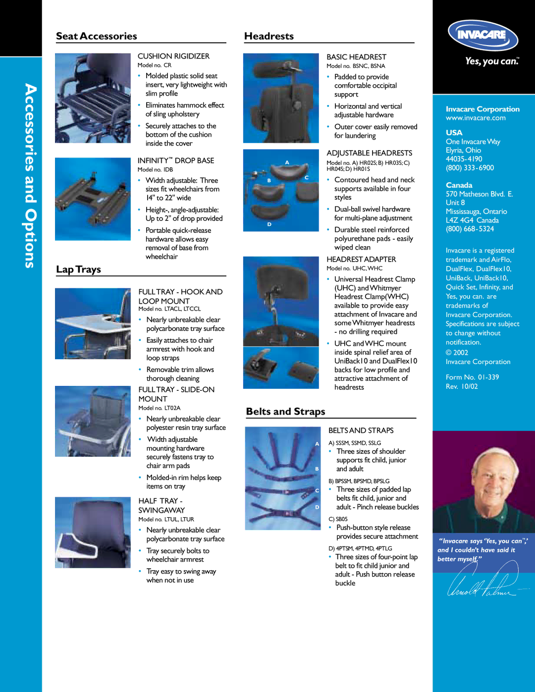 Invacare Infinity Series manual Accessories and Options 